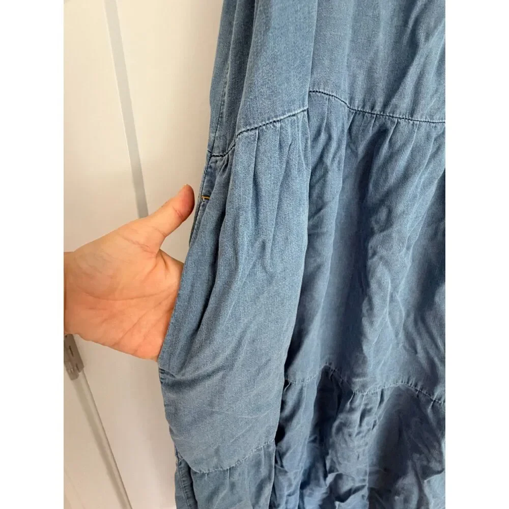 Veronica Beard Chambray Tiered Maxi Dress Size 12 Blue Denim Sundress Pockets